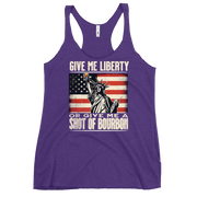 Racerback tank with Give Me Liberty or Give Me a Shot of Bourbon text, Statue of Liberty holding a shot glass, and distressed American flag background. Perfect for 4th of July.