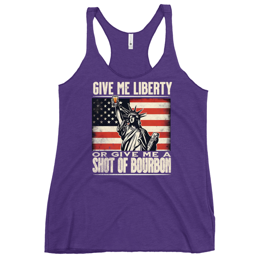 Racerback tank with Give Me Liberty or Give Me a Shot of Bourbon text, Statue of Liberty holding a shot glass, and distressed American flag background. Perfect for 4th of July.