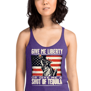 Racerback tank with Give Me Liberty or Give Me a Shot of Tequila text, Statue of Liberty holding a shot glass, and distressed American flag background. Perfect for 4th of July.