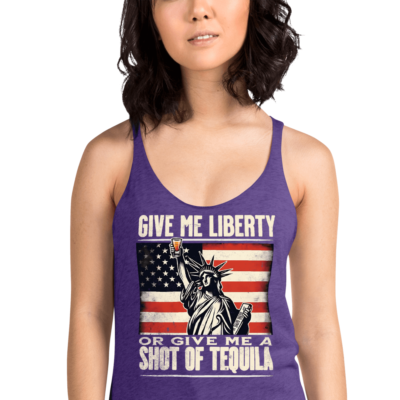 Racerback tank with Give Me Liberty or Give Me a Shot of Tequila text, Statue of Liberty holding a shot glass, and distressed American flag background. Perfect for 4th of July.