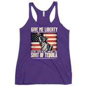 Racerback tank with Give Me Liberty or Give Me a Shot of Tequila text, Statue of Liberty holding a shot glass, and distressed American flag background. Perfect for 4th of July.