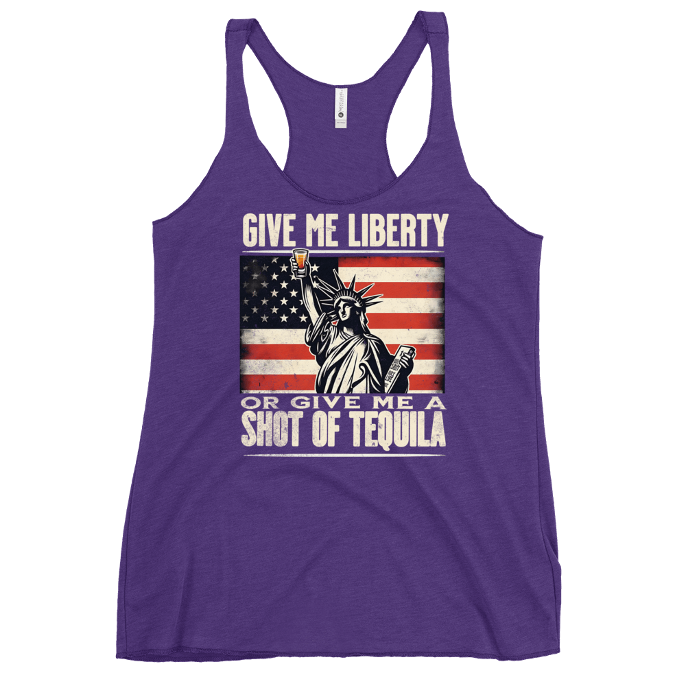 Racerback tank with Give Me Liberty or Give Me a Shot of Tequila text, Statue of Liberty holding a shot glass, and distressed American flag background. Perfect for 4th of July.