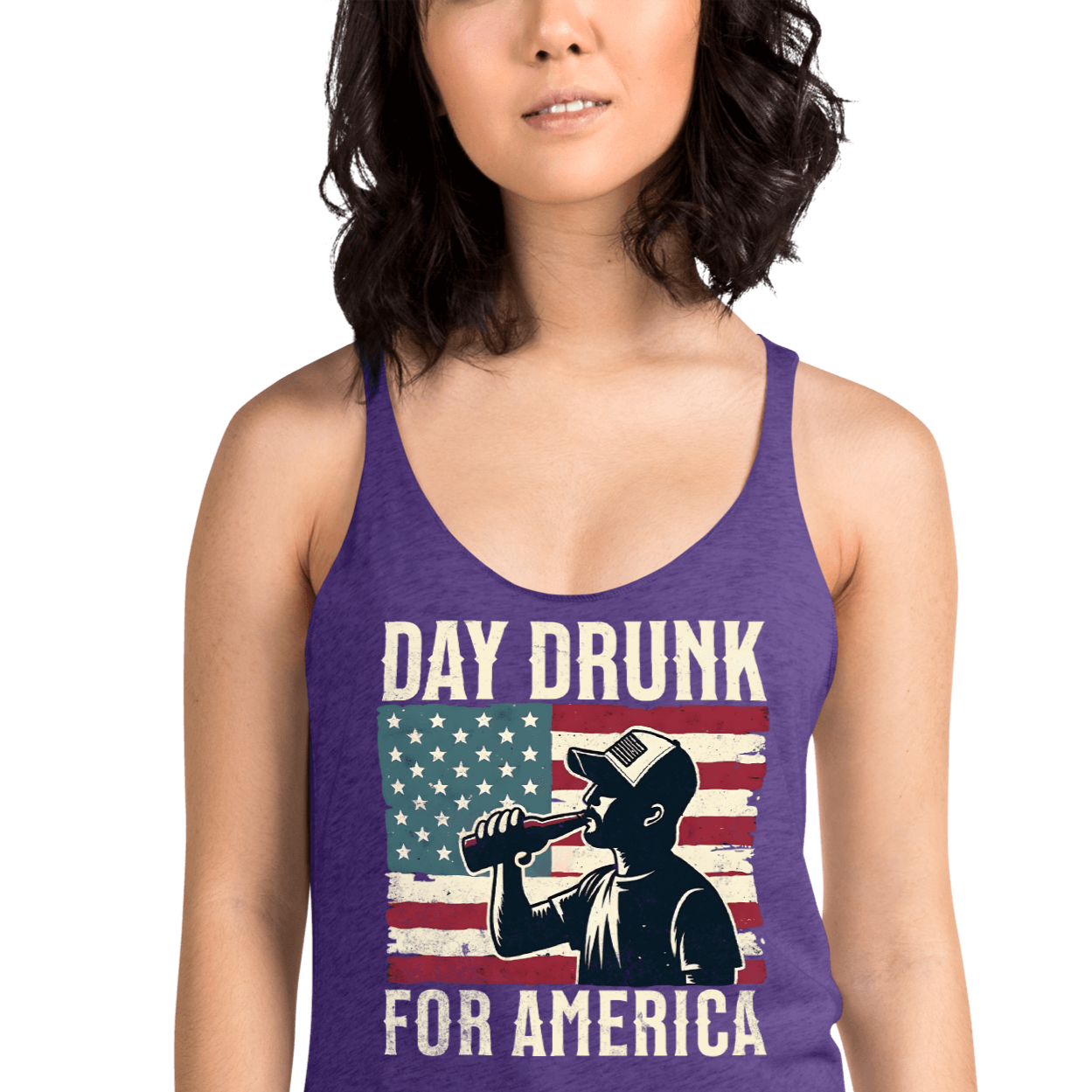 Racerback tank with Day Drunk for America text, silhouette of a man drinking a bottle of beer, and distressed American flag background. Perfect for 4th of July.