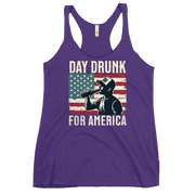 Racerback tank with Day Drunk for America text, silhouette of a man drinking a bottle of beer, and distressed American flag background. Perfect for 4th of July.