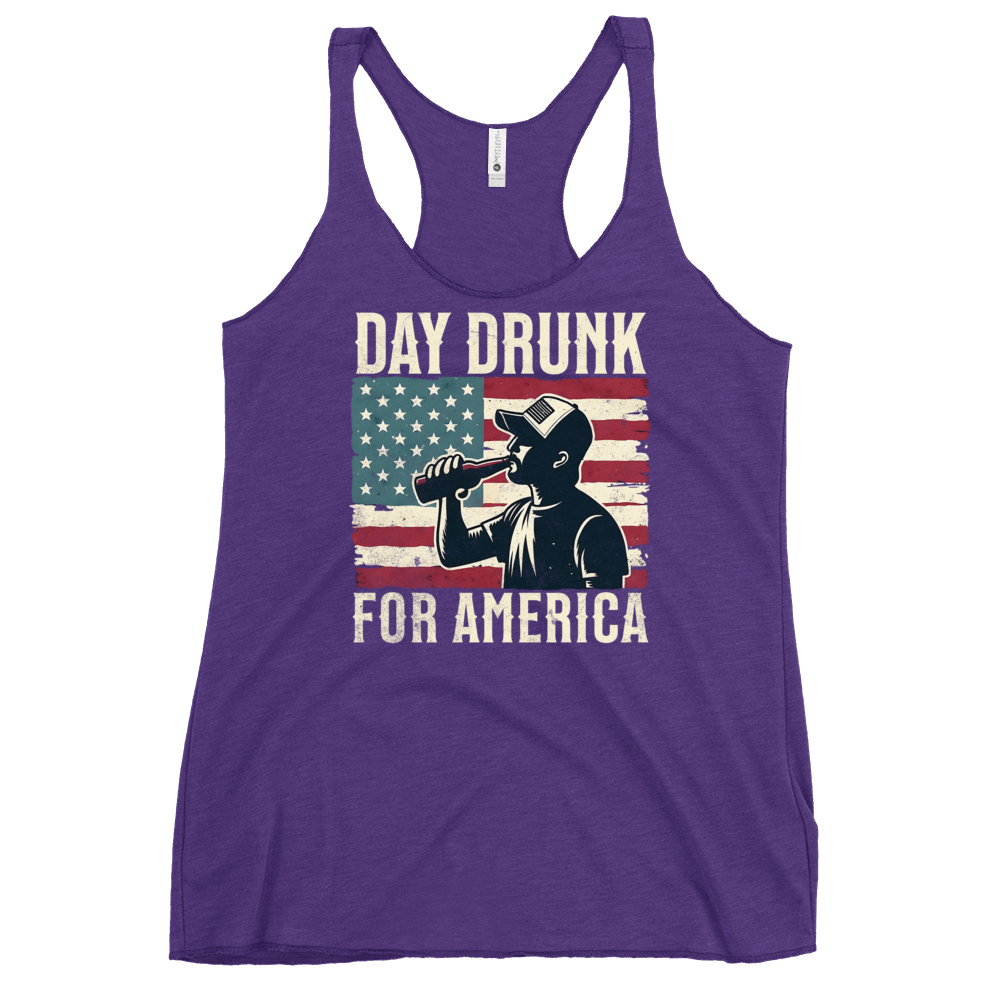 Racerback tank with Day Drunk for America text, silhouette of a man drinking a bottle of beer, and distressed American flag background. Perfect for 4th of July.