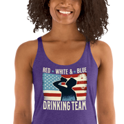 Racerback tank with Red White and Blue Drinking Team text, man drinking beer, and distressed American flag background. Perfect for 4th of July.