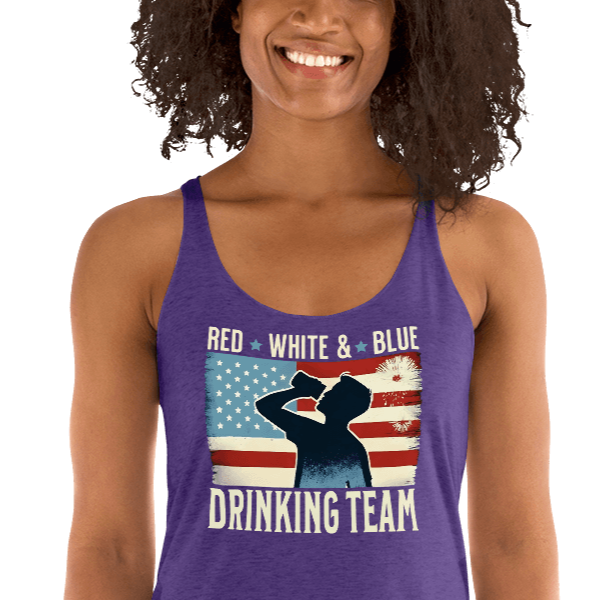 Racerback tank with Red White and Blue Drinking Team text, man drinking beer, and distressed American flag background. Perfect for 4th of July.