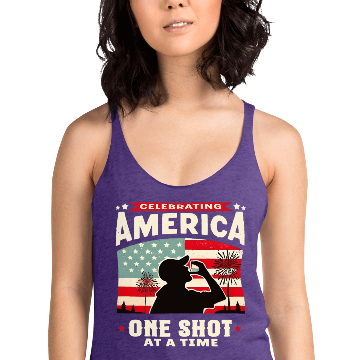 Racerback tank with Celebrating America One Shot at a Time text, silhouette of a man drinking a shot, and distressed American flag background. Perfect for 4th of July.