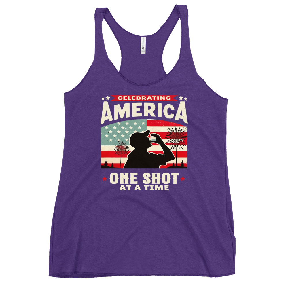 Racerback tank with Celebrating America One Shot at a Time text, silhouette of a man drinking a shot, and distressed American flag background. Perfect for 4th of July.