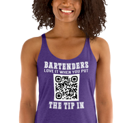 Customizable tank top for bartenders. Features a "Put the Tip In" phrase and a QR code for easy tipping. Ideal gift for bartenders.