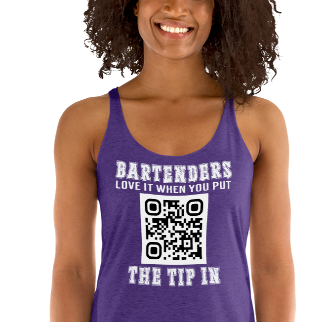 Customizable tank top for bartenders. Features a "Put the Tip In" phrase and a QR code for easy tipping. Ideal gift for bartenders.