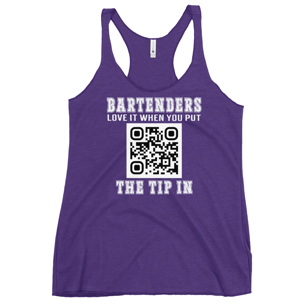 Customizable tank top for bartenders. Features a "Put the Tip In" phrase and a QR code for easy tipping. Ideal gift for bartenders.