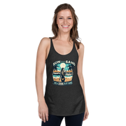 Beach scene on 'Sun, Sand, and a Drink in My Hand' racerback tank, with woman holding cocktail.