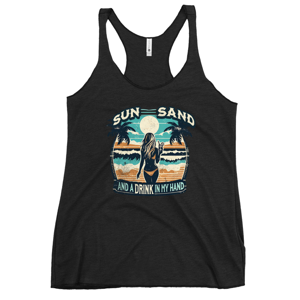 Beach scene on 'Sun, Sand, and a Drink in My Hand' racerback tank, with woman holding cocktail.