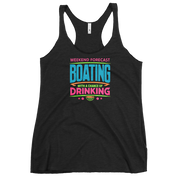 Women's racerback tank with "Weekend Forecast: Boating with a Chance of Drinking" in bright colors on the front.