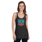 Women's racerback tank with "Weekend Forecast: Boating with a Chance of Drinking" in bright colors on the front.