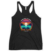 Racerback tank with "Friends Don't Let Friends Drink Alone at the Lake," featuring a lake and sunset design.