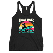 Racerback tank with "Boar Hair Don't Care, But Where's My Drink?" featuring a woman on a jet ski against a sunset.