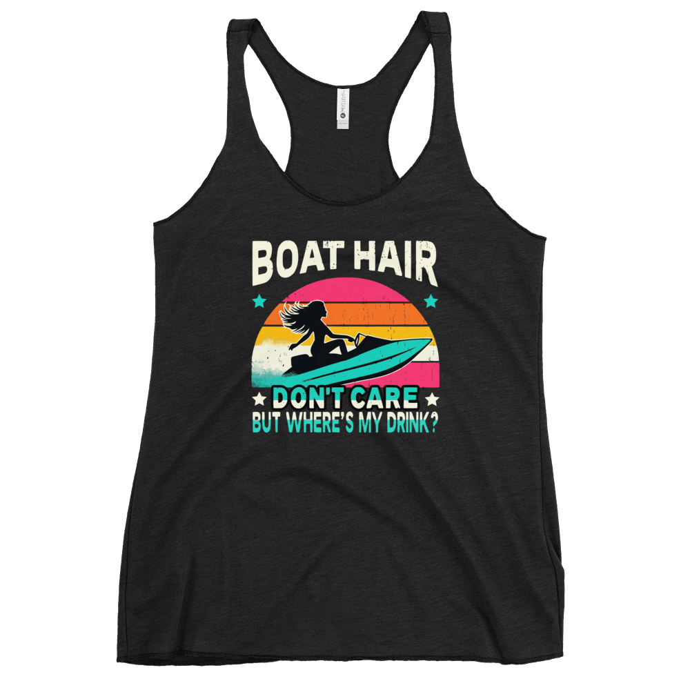 Racerback tank with "Boar Hair Don't Care, But Where's My Drink?" featuring a woman on a jet ski against a sunset.