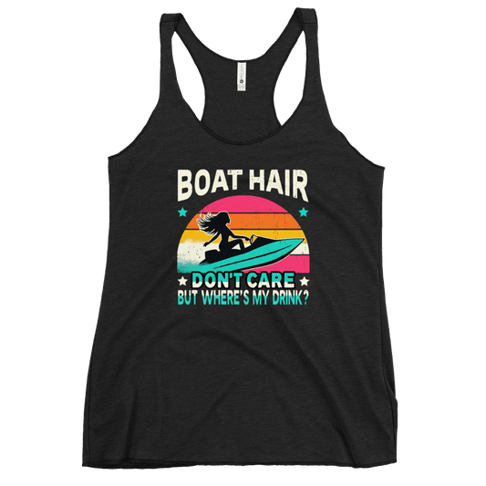 Racerback tank with "Boar Hair Don't Care, But Where's My Drink?" featuring a woman on a jet ski against a sunset.