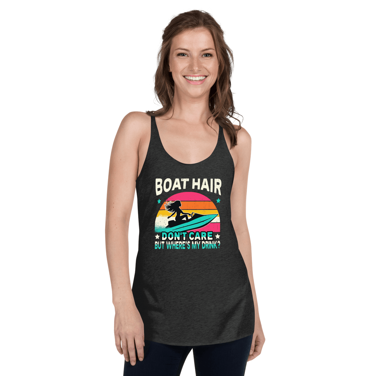 Racerback tank with "Boar Hair Don't Care, But Where's My Drink?" featuring a woman on a jet ski against a sunset.