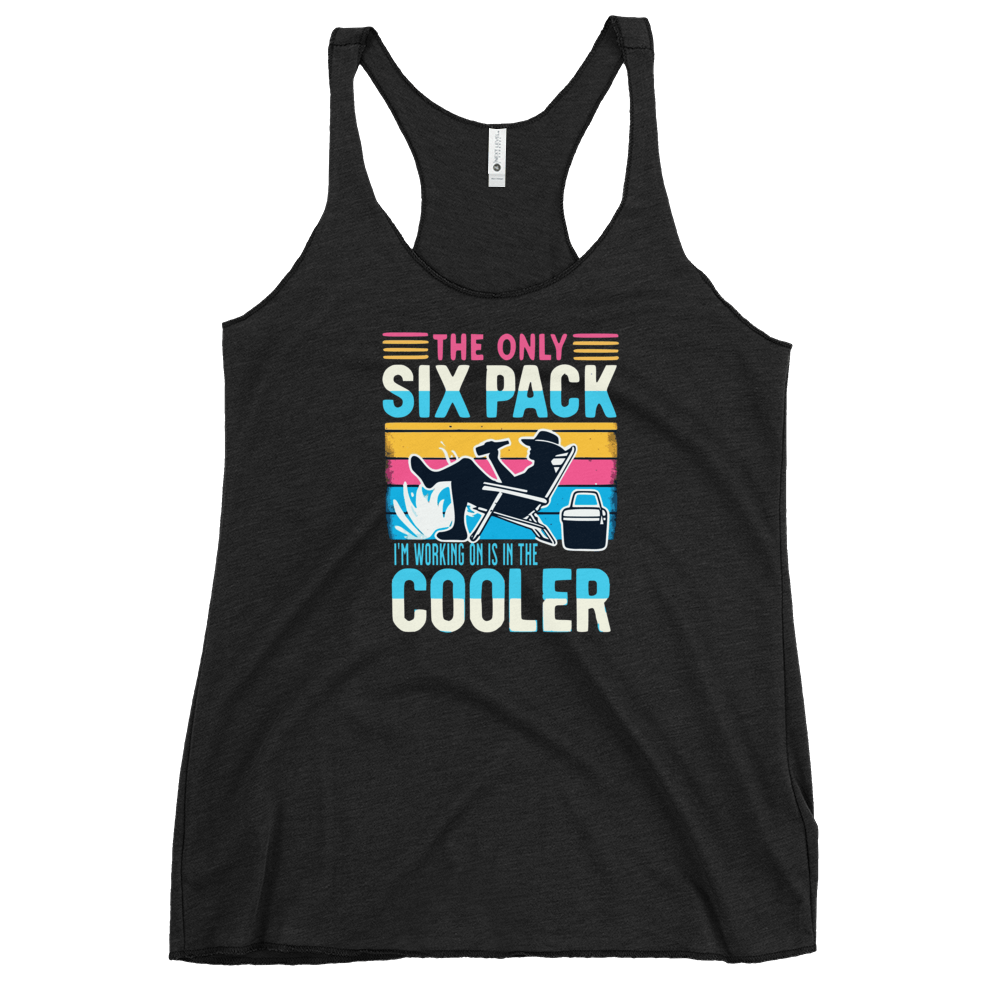 Racerback tank displaying "The Only Six-Pack I'm Working On Is In The Cooler" with a man in a beach chair and a beer.