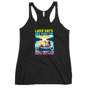 Racerback tank with "Lake Days Are Made for Sipping and Dipping," featuring a woman on a tube float with a cocktail, against a lake and sunset.