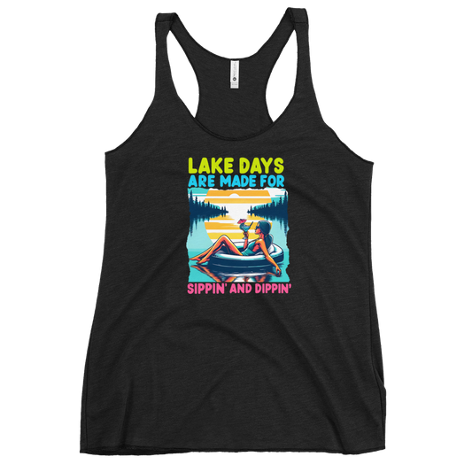 Racerback tank with "Lake Days Are Made for Sipping and Dipping," featuring a woman on a tube float with a cocktail, against a lake and sunset.