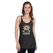 Racerback tank featuring "It's a Good Day to Drink at the Lake with Friends," with people on a boat, lake, and mountains in the background.