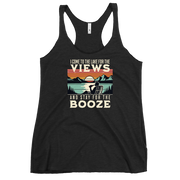 Racerback tank with "I Come to the Lake for the Views and Stay for the Booze," featuring a man in a beach chair, lake, and sunset.