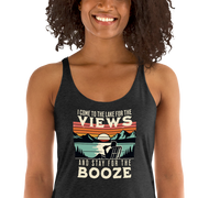 Racerback tank with "I Come to the Lake for the Views and Stay for the Booze," featuring a man in a beach chair, lake, and sunset.