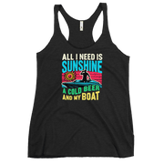 Racerback tank featuring "All I Need Is Sunshine, a Cold Beer, and My Boat," with a man in a boat and a retro sunset.