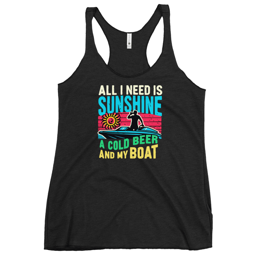 Racerback tank featuring "All I Need Is Sunshine, a Cold Beer, and My Boat," with a man in a boat and a retro sunset.