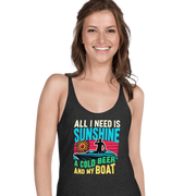 Racerback tank featuring "All I Need Is Sunshine, a Cold Beer, and My Boat," with a man in a boat and a retro sunset.