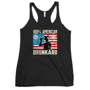 Racerback tank with '100% American Drunkard' text, man drinking a bottle of beer wearing a trucker hat, and distressed American flag background for the 4th of July