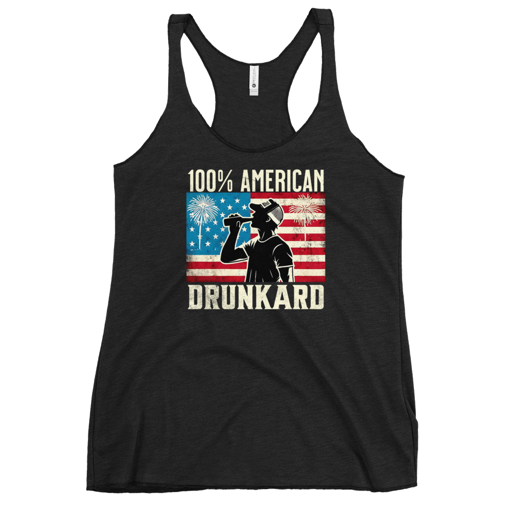 Racerback tank with '100% American Drunkard' text, man drinking a bottle of beer wearing a trucker hat, and distressed American flag background for the 4th of July