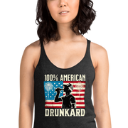 Racerback tank with '100% American Drunkard' text, man drinking a bottle of beer wearing a trucker hat, and distressed American flag background for the 4th of July