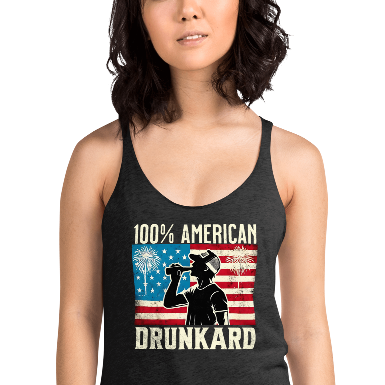 Racerback tank with '100% American Drunkard' text, man drinking a bottle of beer wearing a trucker hat, and distressed American flag background for the 4th of July