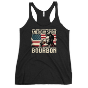 Racerback tank with 'This Shirt Contains 100% American Spirit and a Splash of Bourbon' text, man drinking a glass of bourbon, and distressed American flag background