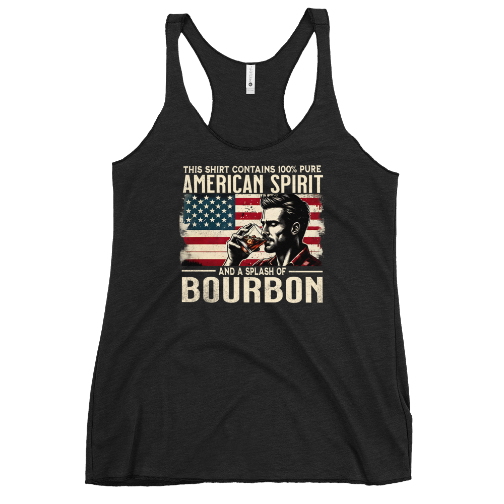 Racerback tank with 'This Shirt Contains 100% American Spirit and a Splash of Bourbon' text, man drinking a glass of bourbon, and distressed American flag background