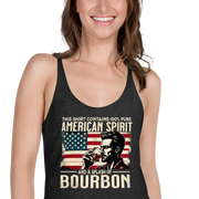 Racerback tank with 'This Shirt Contains 100% American Spirit and a Splash of Bourbon' text, man drinking a glass of bourbon, and distressed American flag background