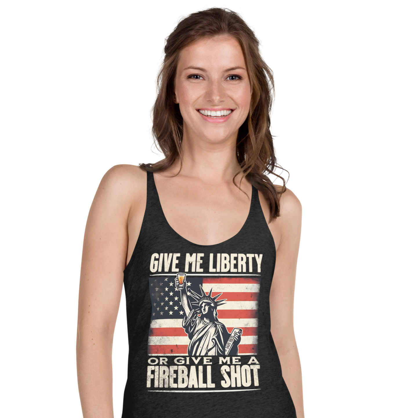 Racerback tank with Give Me Liberty or Give Me a Fireball Shot text, Statue of Liberty holding a shot glass, and distressed American flag background. Perfect for 4th of July.