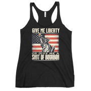 Racerback tank with Give Me Liberty or Give Me a Shot of Bourbon text, Statue of Liberty holding a shot glass, and distressed American flag background. Perfect for 4th of July.