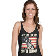 Racerback tank with Give Me Liberty or Give Me a Shot of Bourbon text, Statue of Liberty holding a shot glass, and distressed American flag background. Perfect for 4th of July.