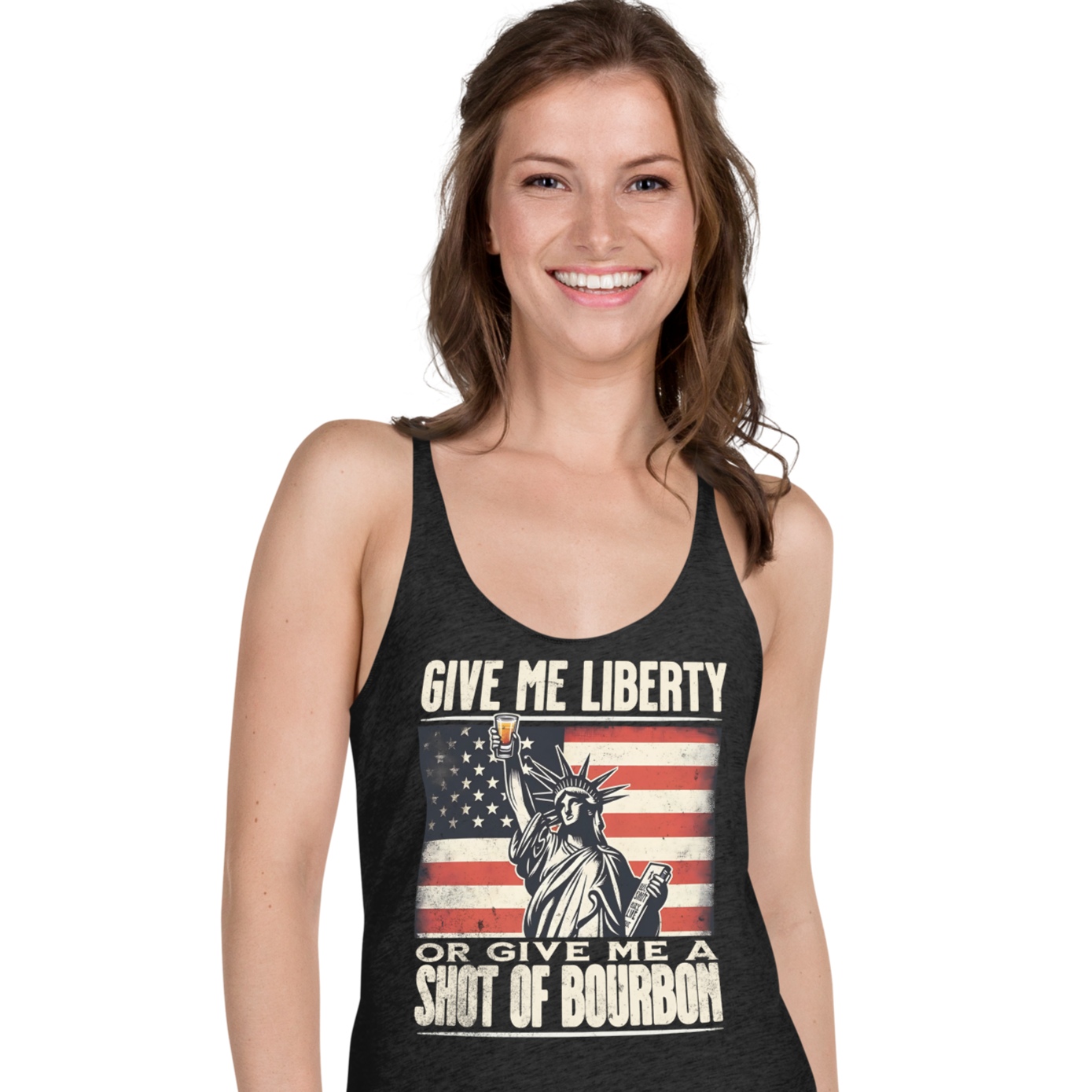 Racerback tank with Give Me Liberty or Give Me a Shot of Bourbon text, Statue of Liberty holding a shot glass, and distressed American flag background. Perfect for 4th of July.