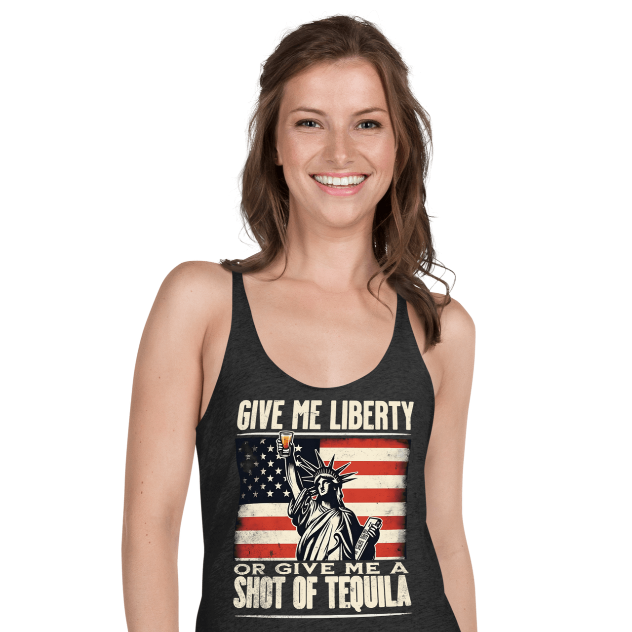 Racerback tank with Give Me Liberty or Give Me a Shot of Tequila text, Statue of Liberty holding a shot glass, and distressed American flag background. Perfect for 4th of July.