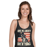 Racerback tank with Give Me Liberty or Give Me a Shot of Tequila text, Statue of Liberty holding a shot glass, and distressed American flag background. Perfect for 4th of July.