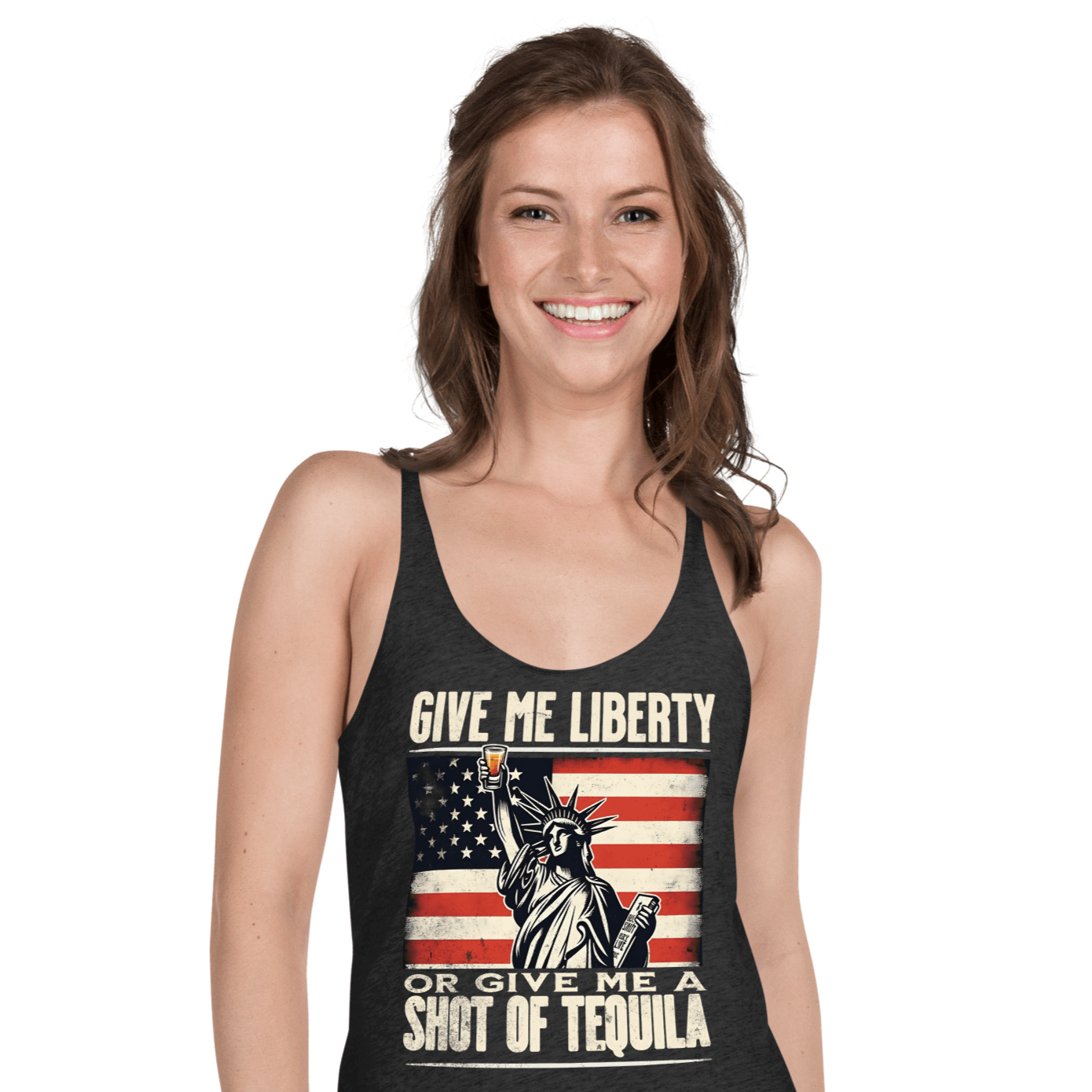 Racerback tank with Give Me Liberty or Give Me a Shot of Tequila text, Statue of Liberty holding a shot glass, and distressed American flag background. Perfect for 4th of July.