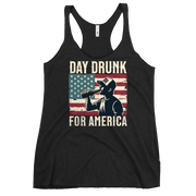 Racerback tank with Day Drunk for America text, silhouette of a man drinking a bottle of beer, and distressed American flag background. Perfect for 4th of July.