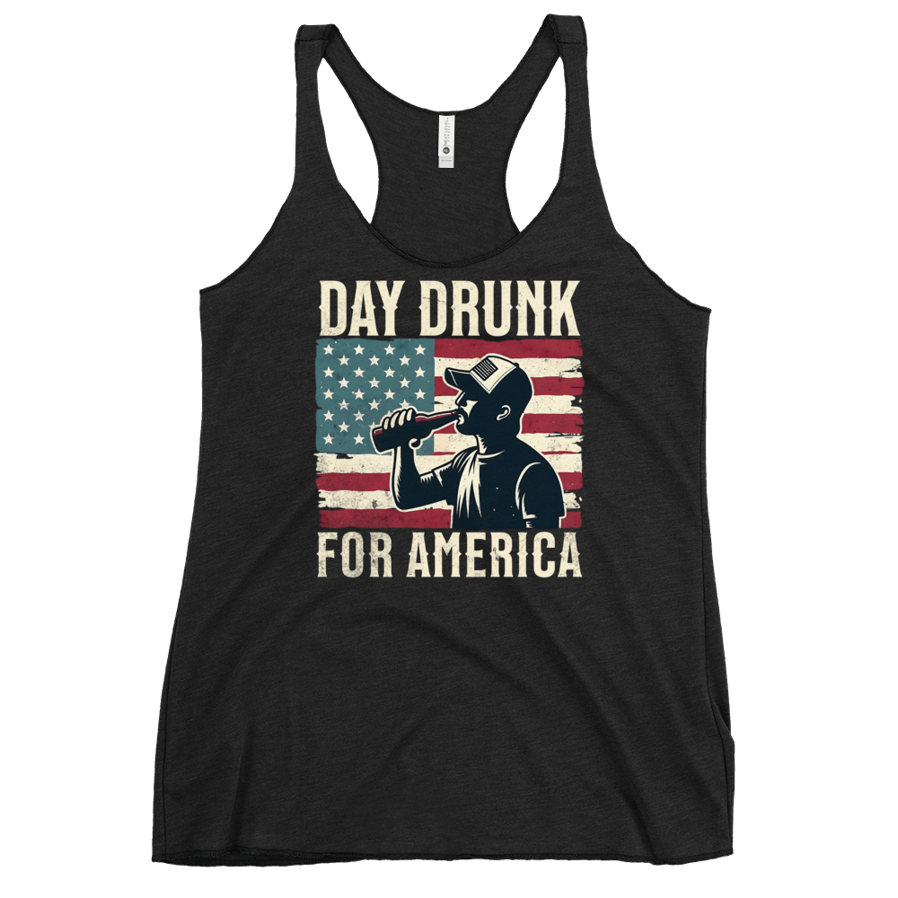 Racerback tank with Day Drunk for America text, silhouette of a man drinking a bottle of beer, and distressed American flag background. Perfect for 4th of July.